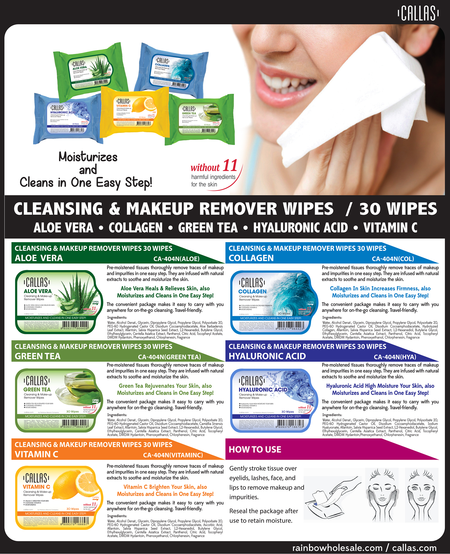Callas Vitamin C Cleansing & Make up Remover Wipes *New* x (12 Pack)